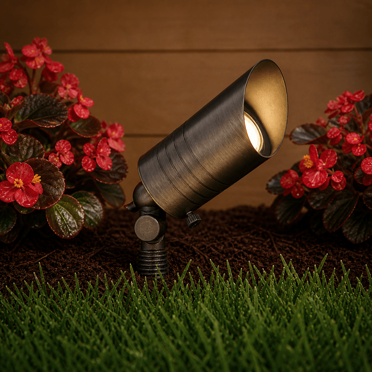 A solid brass MR16 uplight fixture, professional-grade landscape lighting hardware